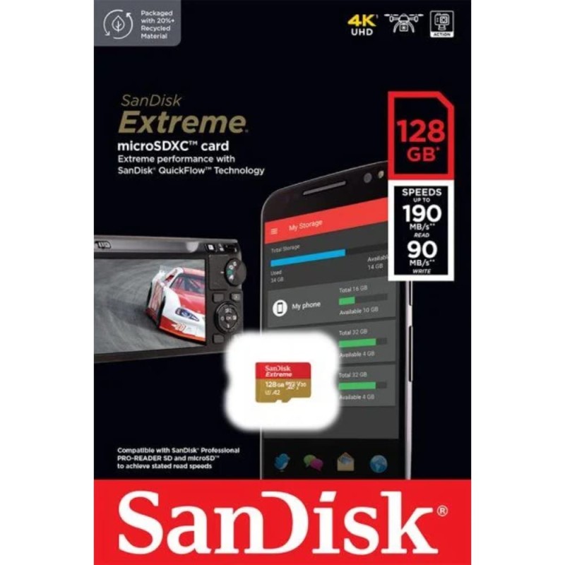 SanDisk Extreme 128GB microSDXC UHS-I, V30, 190MB/s Read,90MB/s Write, Memory Card for 4K Video on Smartphones.