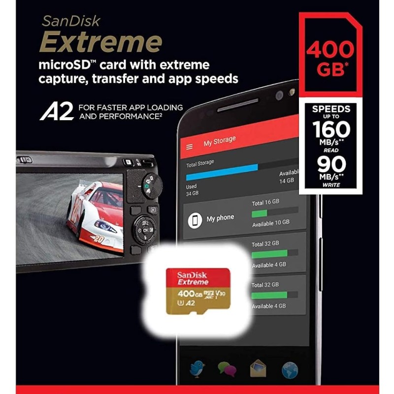SanDisk Extreme 400GB MicroSDXC UHS-I Card for Compatible Phone, Nintendo Switch, Camera Class 10 U3 (SDSQXA1-400G-GN6MN)