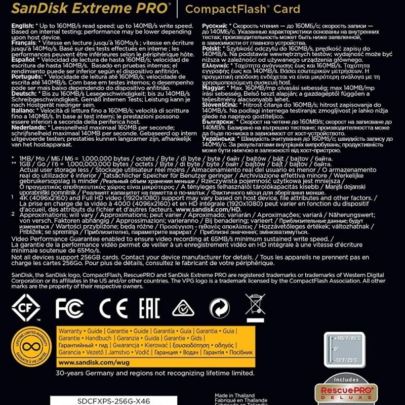 SanDisk Extreme PRO 256GB Compact Flash Memory Card UDMA 7 Speed Up To 160MB/s