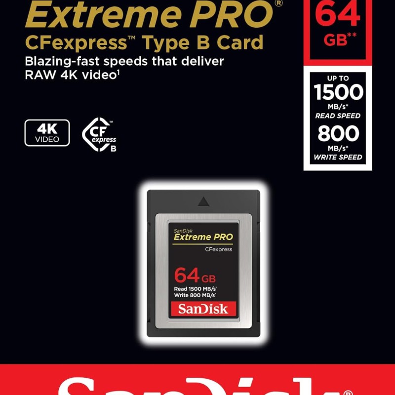 SanDisk Extreme Pro Cfexpress Type B Card,1500 MB/s R & 800 MB/s W, Black, 64GB