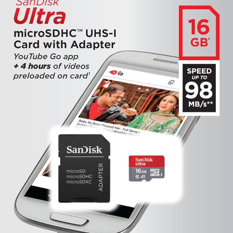 Sandisk 16GB Class 10 Ultra MicroSD UHS-A1 Card with Adapter (SDSQUAR-016G-GO61A)