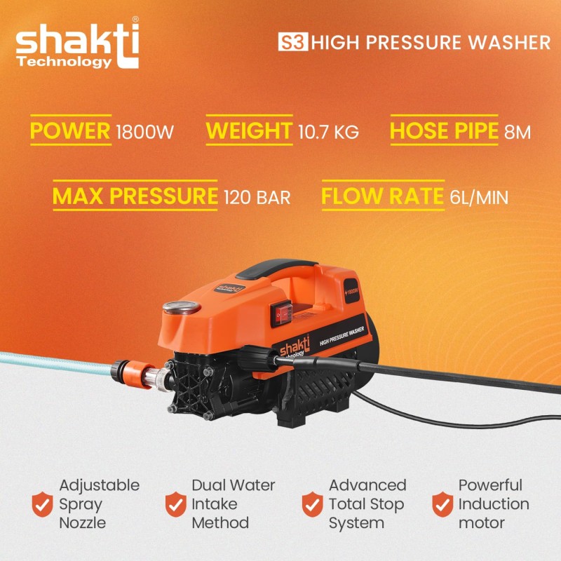Shakti Technology S3 High Pressure Car Washer Machine 1800 Watts and Pressure 120 Bar for Cleaning Car, Bike & Home