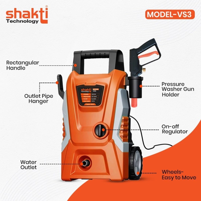 Shakti Technology VS3 High Pressure Car Washer Machine 1900 Watts - Pressure 130 Bar for Cleaning Car, Bike & Home