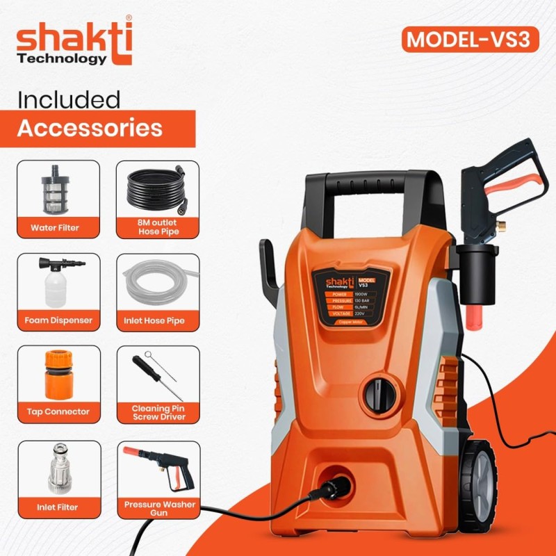Shakti Technology VS3 High Pressure Car Washer Machine 1900 Watts - Pressure 130 Bar for Cleaning Car, Bike & Home