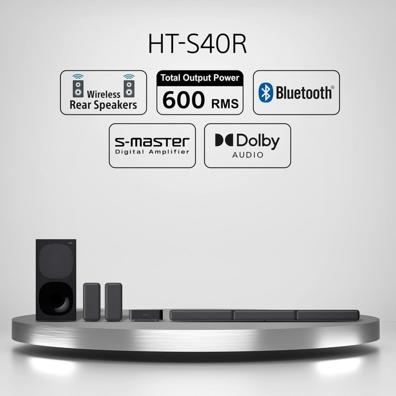 Sony HT-S40R Real 5.1ch Dolby Audio Soundbar for TV with Subwoofer & Wireless Rear Speakers, 5.1ch Home Theatre System