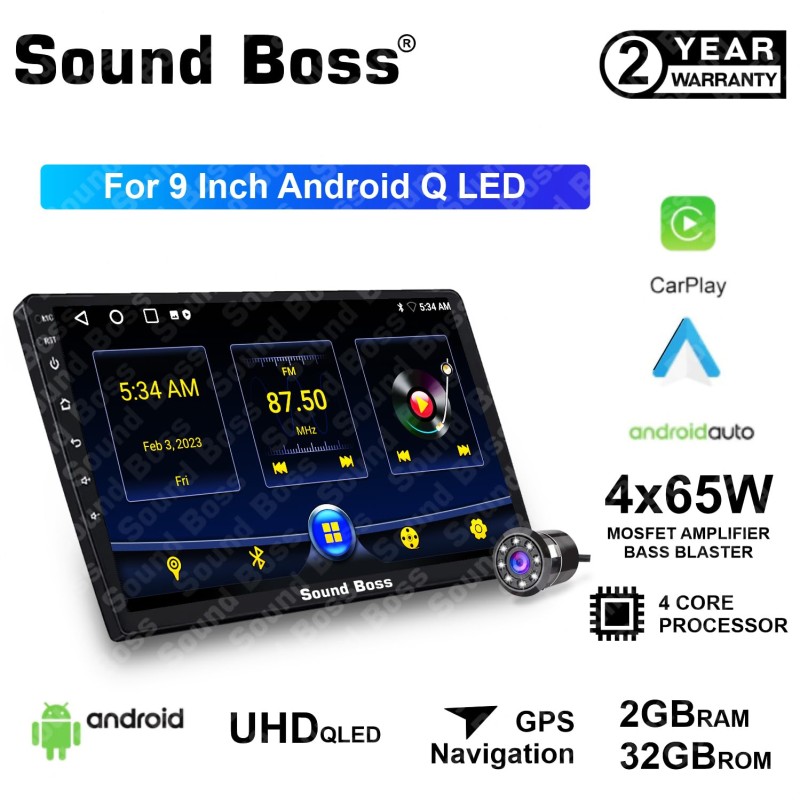 Sound Boss Androidify 3rd Generation Bass-Blaster 9" Inch Q-LED Car-Play (2GB/32GB) with AHD Camera Android Car Stereo