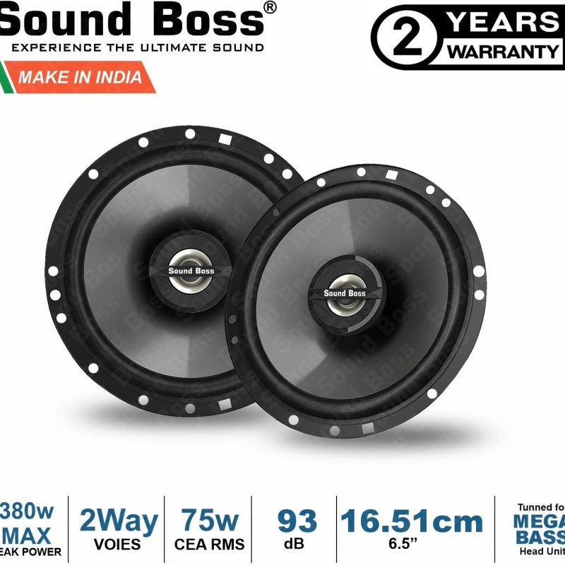 Sound Boss Car Speaker SB-CX-62SI Premium 16.51 cm (6.5 inch) 2-Way Coaxial Speakers (Black), Peak Power - 380 W, RMS Power - 75W, Rated Power - 70W