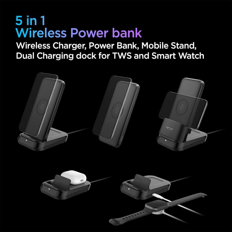 Spigen Power Bank 10000mAh Fast Charging, 5 in 1 Wireless Power Bank, Wireless AirPods Charger, TWS Charger, Lithium Polymer, Cradle USB-C Type, (Uto C Cable Included) - Black
