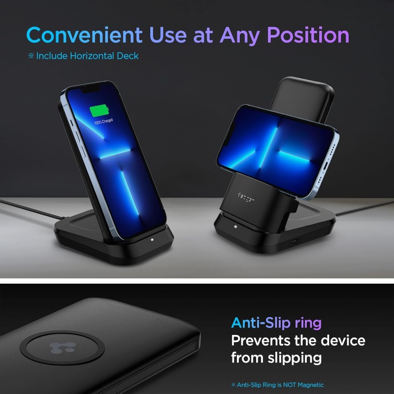 Spigen Power Bank 10000mAh Fast Charging, 5 in 1 Wireless Power Bank, Wireless AirPods Charger, TWS Charger, Lithium Polymer, Cradle USB-C Type, (Uto C Cable Included) - Black