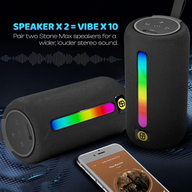 Stone Max Portable Speaker with 18W Powerful Sound, TWS Function, up to 9Hrs Playback, RGB, Deep Bass - Slay Black