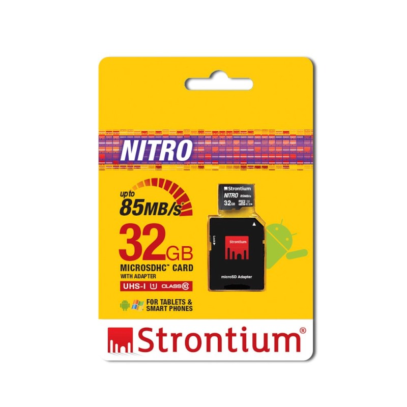 Strontium Nitro 32GB Micro SDHC Memory Card 85MB/s UHS-I U1 Class 10 w/Adapter High Speed (SRN32GTFU1QA)