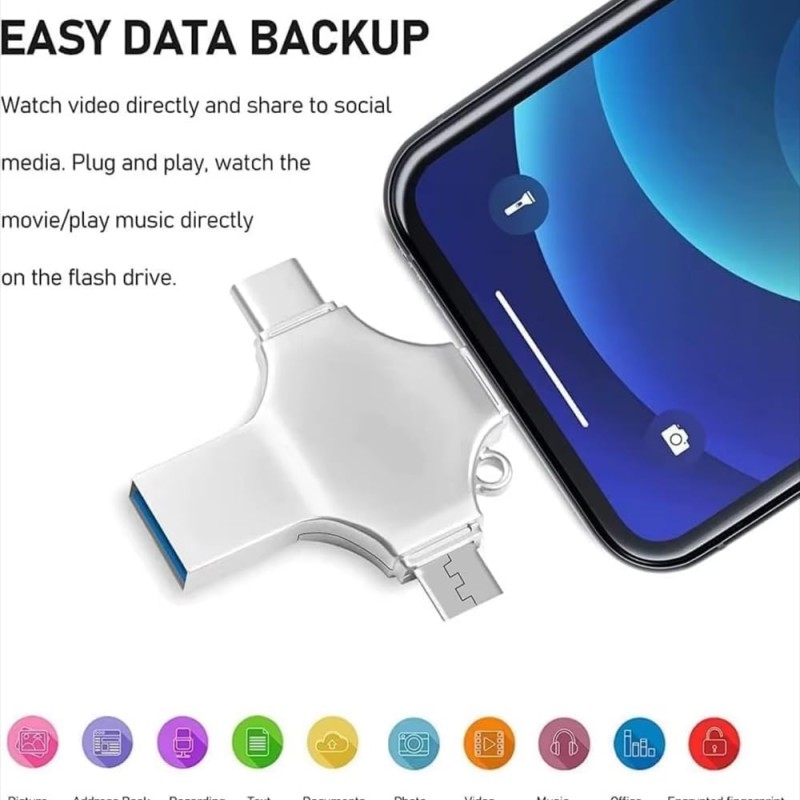 TECHNOVIEW Flash Drive 512GB 4 in 1 Pendrive with Light-ning, Micro USB, USB A, Type-C Interface Mini Hangable Pen Drive