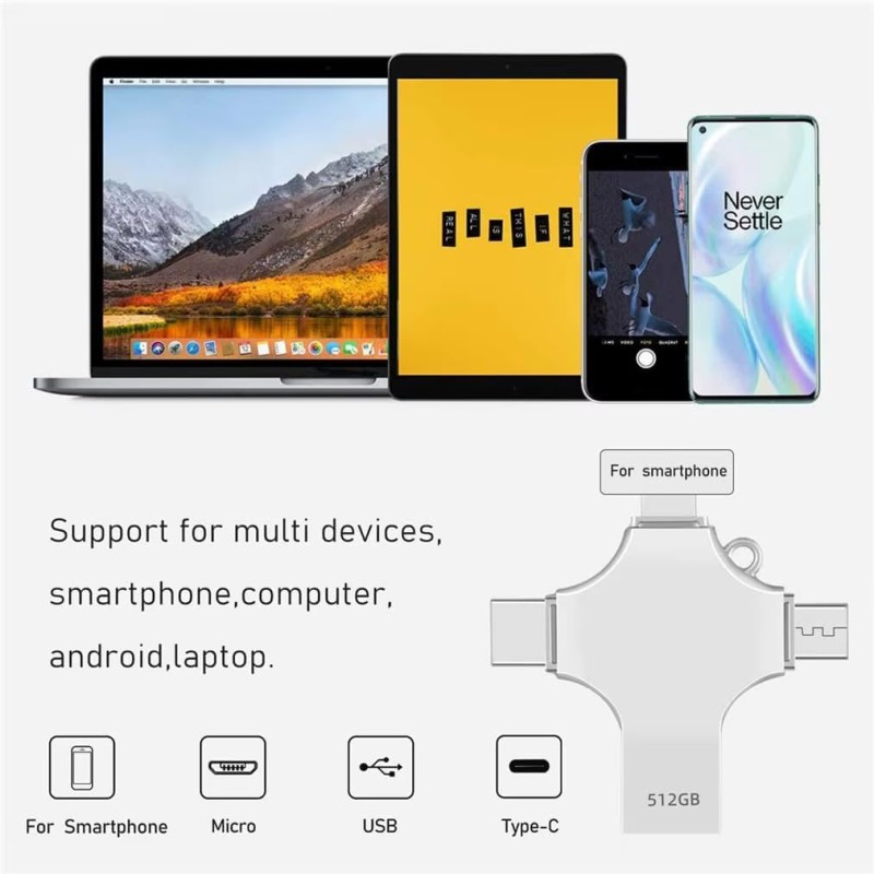 TECHNOVIEW Flash Drive 512GB 4 in 1 Pendrive with Light-ning, Micro USB, USB A, Type-C Interface Mini Hangable Pen Drive
