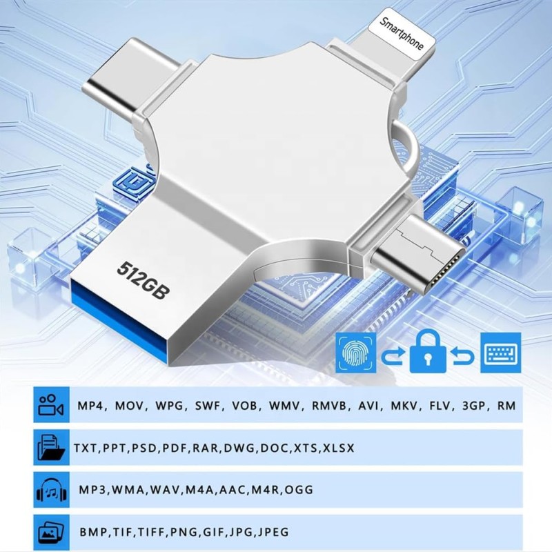 TECHNOVIEW Flash Drive 512GB 4 in 1 Pendrive with Light-ning, Micro USB, USB A, Type-C Interface Mini Hangable Pen Drive