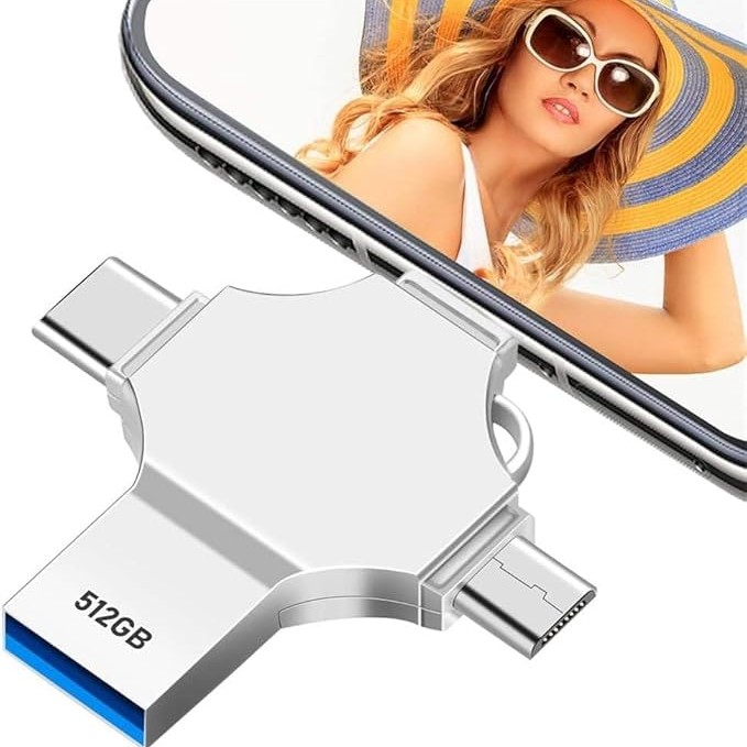 TECHNOVIEW Flash Drive 512GB 4 in 1 Pendrive with Light-ning, Micro USB, USB A, Type-C Interface Mini Hangable Pen Drive