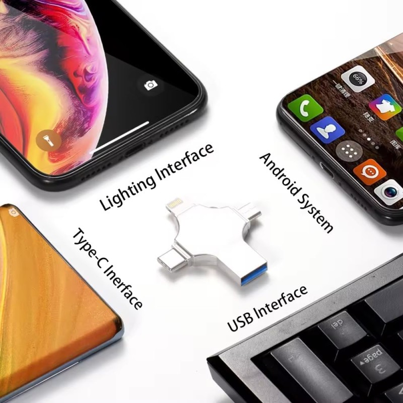 TECHNOVIEW Flash Drive 64GB 4 in 1 Pendrive with Light-ning, Micro USB, USB A, Type-C Interface Mini Hangable Pen Drive