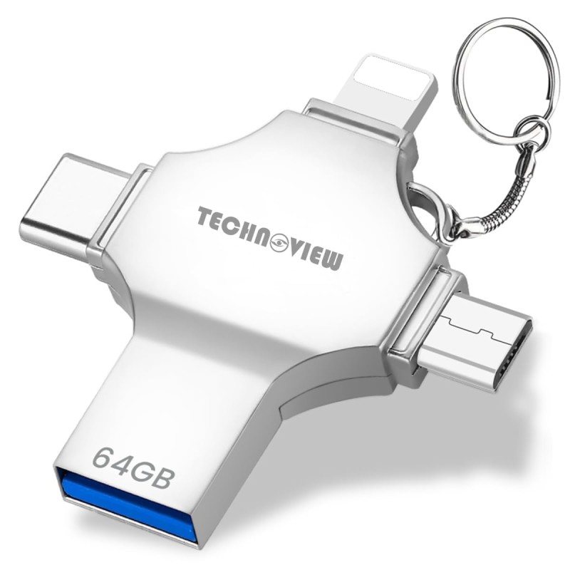 TECHNOVIEW Flash Drive 64GB 4 in 1 Pendrive with Light-ning, Micro USB, USB A, Type-C Interface Mini Hangable Pen Drive