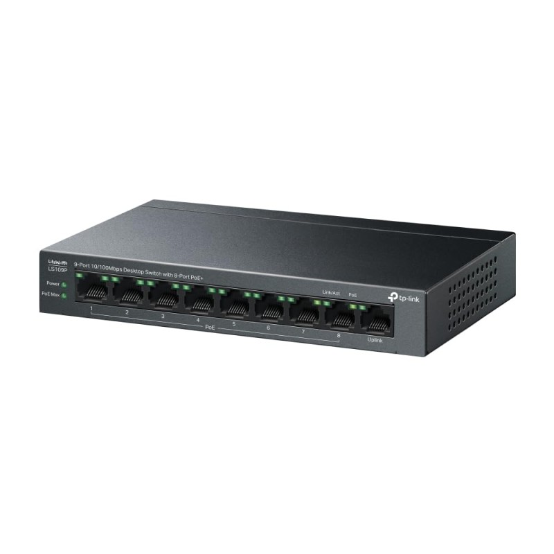 TP-Link LS109P 9-Port 10/100Mbps Desktop Ethernet Switch with 8-Port PoE+, 63 W PoE Budget, PoE Auto Recovery,Up to 250 m PoE Transmission, Plug & Play, Ideal for IP Surveillance & Network Security