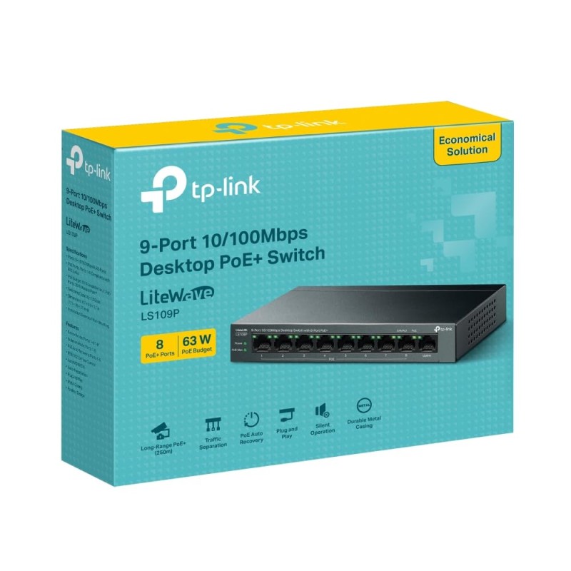 TP-Link LS109P 9-Port 10/100Mbps Desktop Ethernet Switch with 8-Port PoE+, 63 W PoE Budget, PoE Auto Recovery,Up to 250 m PoE Transmission, Plug & Play, Ideal for IP Surveillance & Network Security