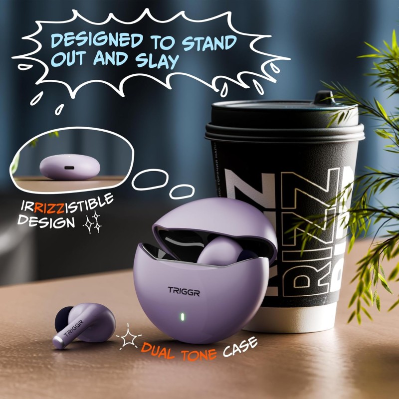 TRIGGR Rizz with 40H Playback, Spherical Design, 13mm Drivers, Rich Bass, Fast Charging Bluetooth (Onyx Lilac, in The Ear)