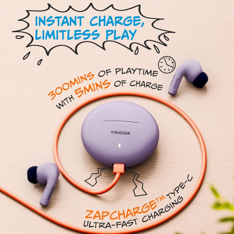 TRIGGR Rizz with 40H Playback, Spherical Design, 13mm Drivers, Rich Bass, Fast Charging Bluetooth (Onyx Lilac, in The Ear)
