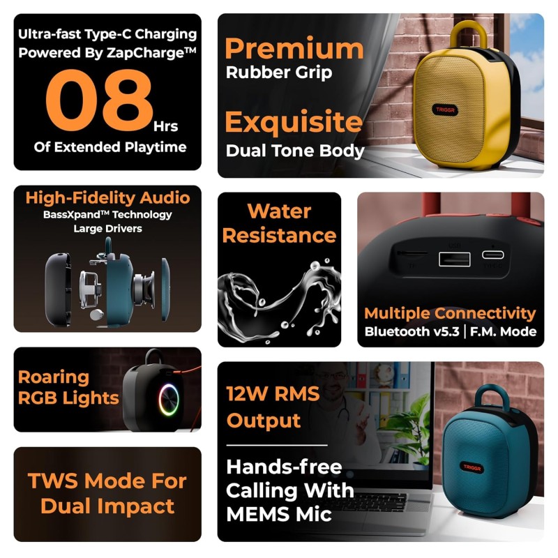 TRIGGR Roar 12 Portable Bluetooth Speaker, 12W Deep Bass, 8H Playtime, Type-C Fast Charging, BT v5.3, TWS Stereo Pairing (Onyx Blue)