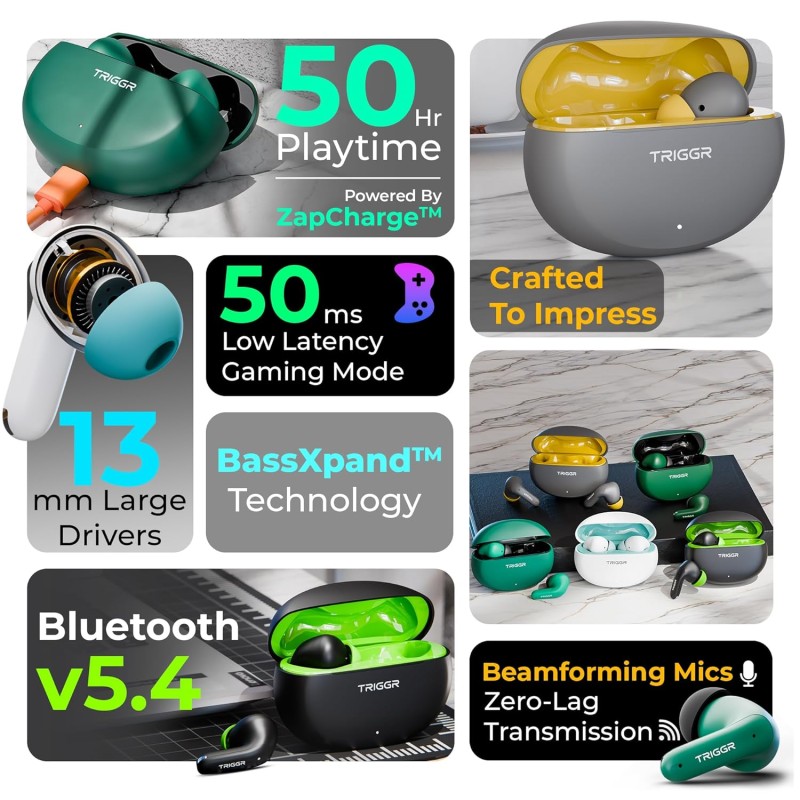 TRIGGR Ultrabuds N3 with Crisp Calling, 50H Playtime, 13mm Drivers, BassXpand Bluetooth (Black Mantis, in The Ear)