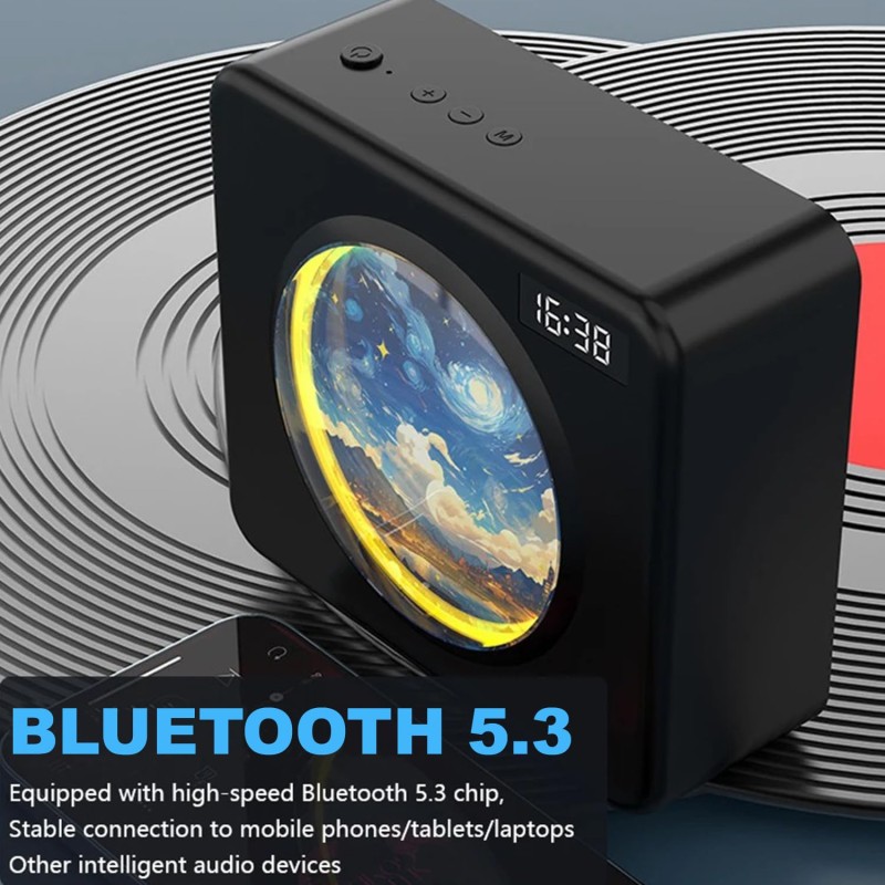 Talabat 2 in 1 Wireless Bluetooh Speaker with Personalized Digital Clock and Patterns Rotating Boombox with 1500 mAH (6 Hrs Playback Time)