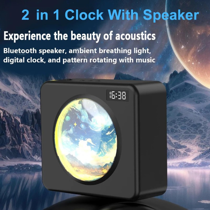 Talabat 2 in 1 Wireless Bluetooh Speaker with Personalized Digital Clock and Patterns Rotating Boombox with 1500 mAH (6 Hrs Playback Time)