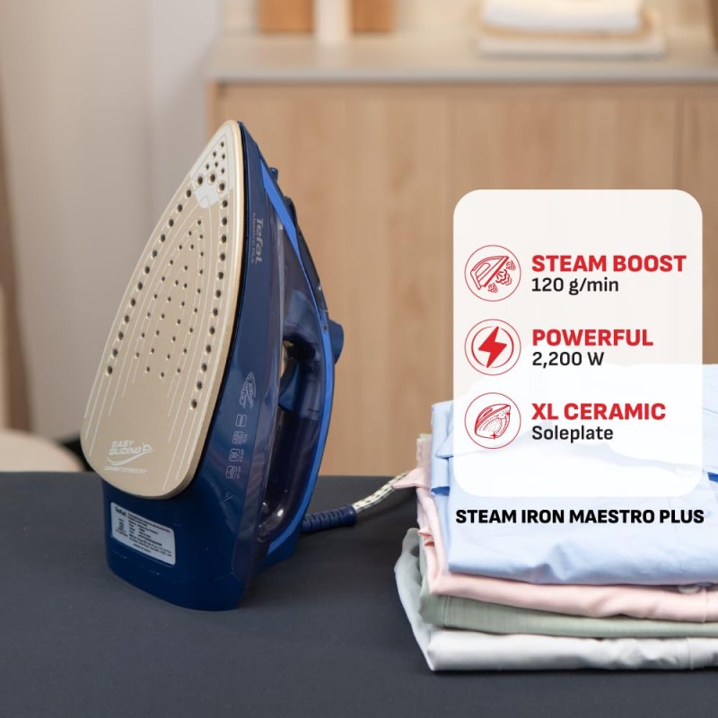 Tefal Maestro Plus Steam Iron | No.1 Ironing Brand in Europe | 2200W | XL Ceramic Soleplate | Anti-Calc | 120g/min Boost Blue