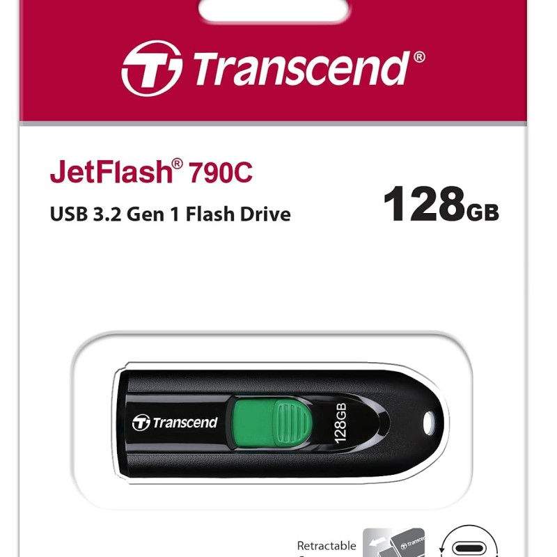 Transcend JetFlash 790C 128GB USB 3.2 Gen 1 (USB 5Gbps) Flash Drive, USB Type-C Pen Drive Black (TS128GJF790C)