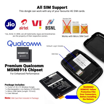 Tukzer 4G LTE Wireless Dongle with All SIM Network Support | Plug & Play Data Card Stick with up to 150Mbps WiFi Hotspot | 2100mAh Rechargeable Battery| SIM Adapter Included, Single_Band (Black)