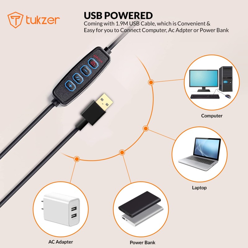 Tukzer 8-Inch LED USB Selfie Ring Light with Clamp Mount, 3 Light Modes & 10 Level Brightness, for Laptop/PC/Monitor/Desk/Bed/Office/Video Conferencing/Live Streaming/Makeup/Webcam/Classes