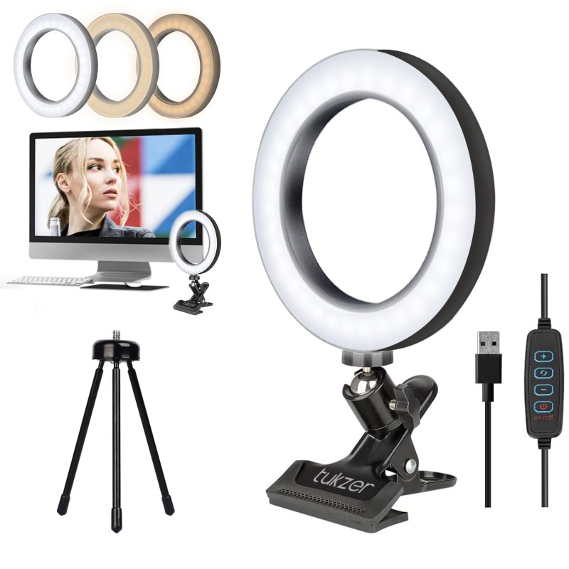 Tukzer 8-Inch LED USB Selfie Ring Light with Clamp Mount, 3 Light Modes & 10 Level Brightness, for Laptop/PC/Monitor/Desk/Bed/Office/Video Conferencing/Live Streaming/Makeup/Webcam/Classes