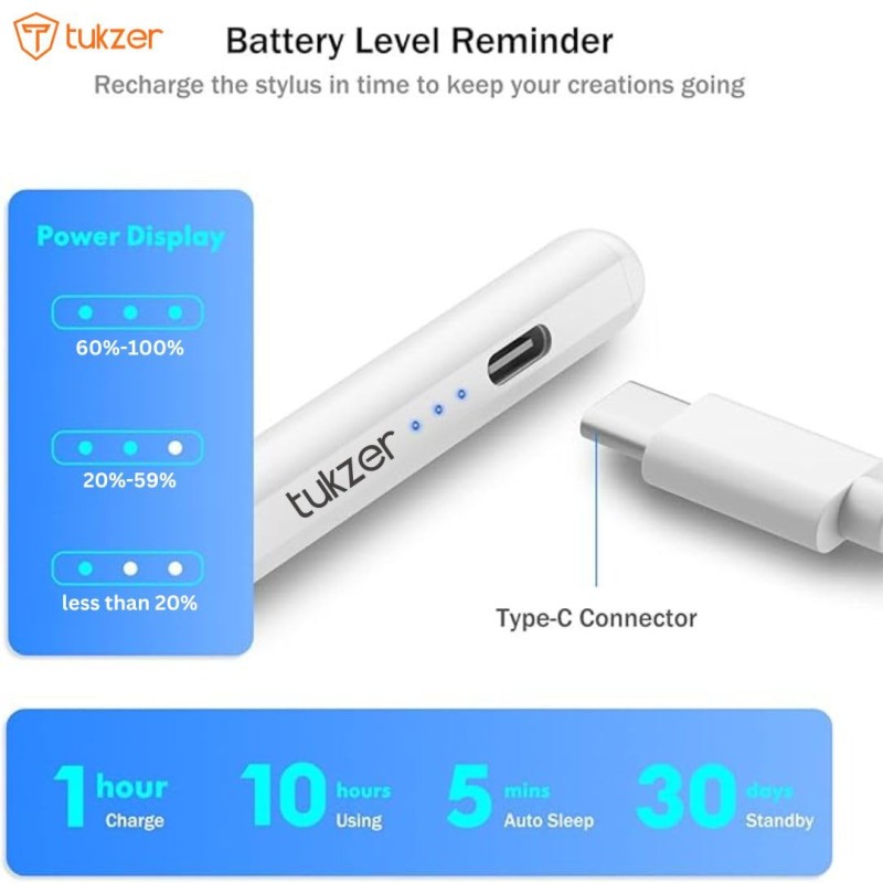 Tukzer Active 2nd Gen Stylus Pen iPad Pencil | Palm Rejection, Tilt Sensor, High Precision White