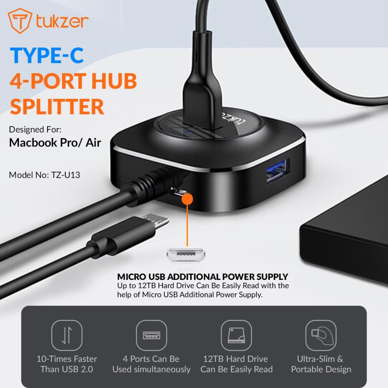 Tukzer USB C Hub Ultra-Slim USB-C Superspeed Adapter with 4 USB 3.0 Ports USB Type C Hub for All Laptops and More USB Type C Devices (TZ-U13 Black)