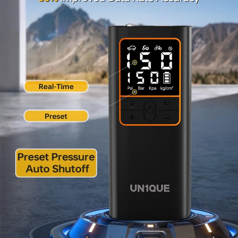 UN1QUE PT600 Cordless Tyre inflator for Car and Bike,150 PSI,6000 mAh Car Air Pump with LED Flash Light,Digital Display