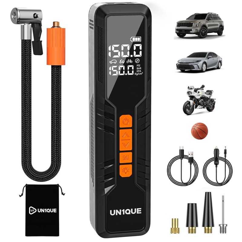 UN1QUE PT600 Cordless Tyre inflator for Car and Bike,150 PSI,6000 mAh Car Air Pump with LED Flash Light,Digital Display