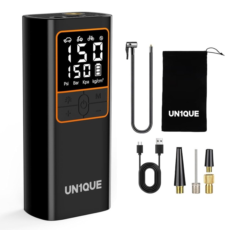 UN1QUE PT600 Cordless Tyre inflator for Car and Bike,150 PSI,6000 mAh Car Air Pump with LED Flash Light,Digital Display