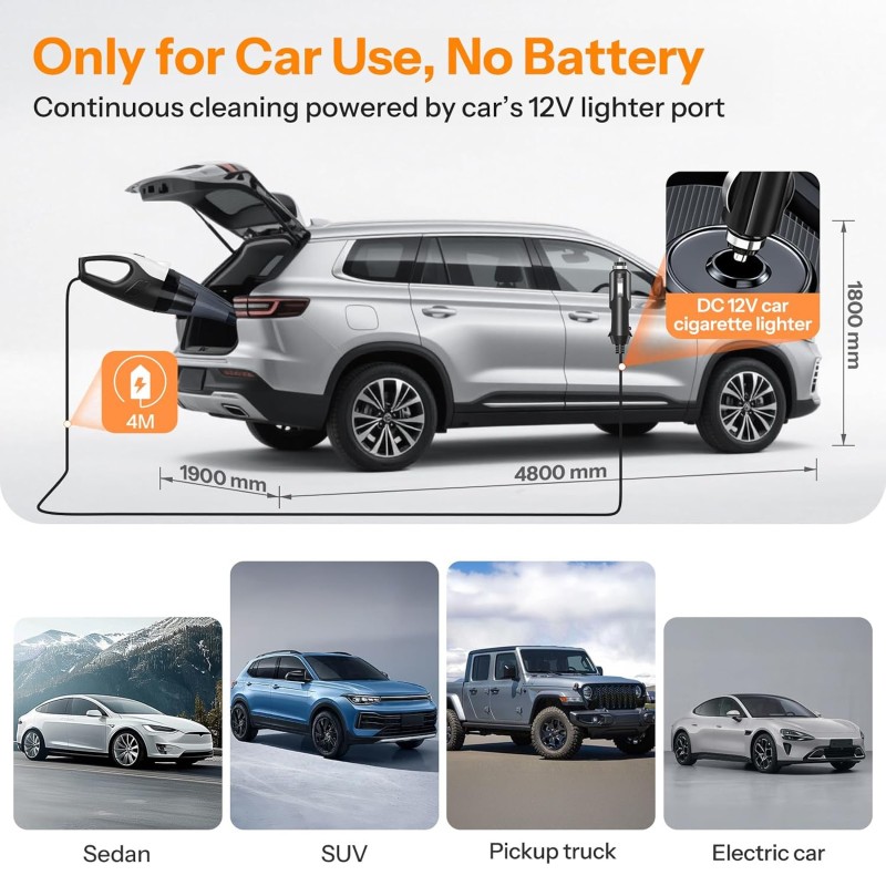 UN1QUE Vacuum Cleaner for Car Use with DC 12V & LED Light Car Vacuum 4m Power Cord 6000pa Powerful Suction