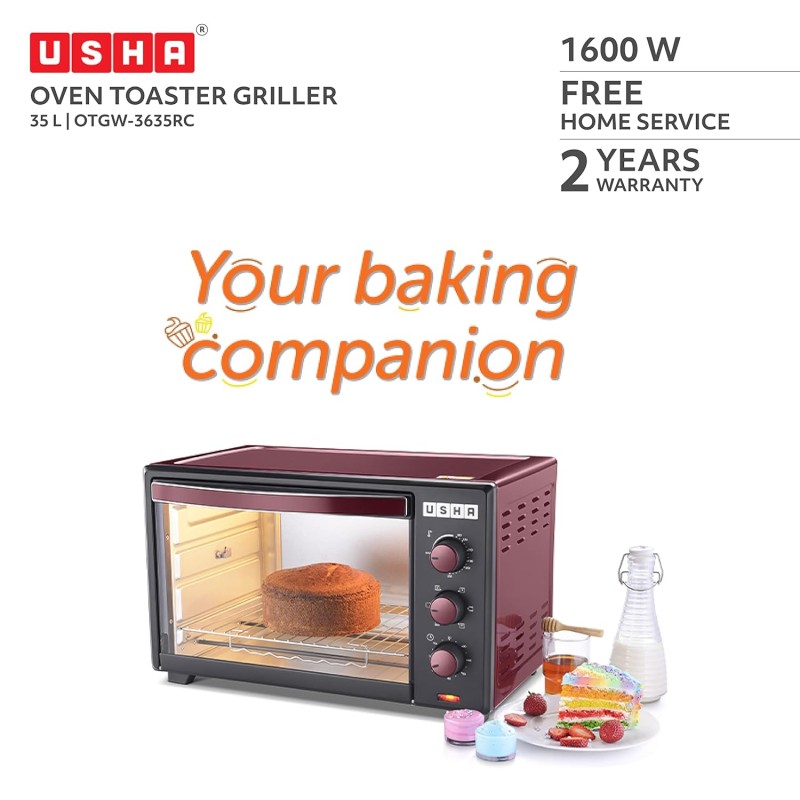 USHA 3635Rc 35L Oven Toaster Grill With Rotisserie And Convection For 360 Degree Even Cooking, 6 Mode Heating Function(Wine & Matte Black)