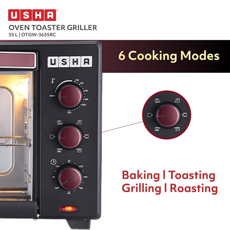 USHA 3635Rc 35L Oven Toaster Grill With Rotisserie And Convection For 360 Degree Even Cooking, 6 Mode Heating Function(Wine & Matte Black)