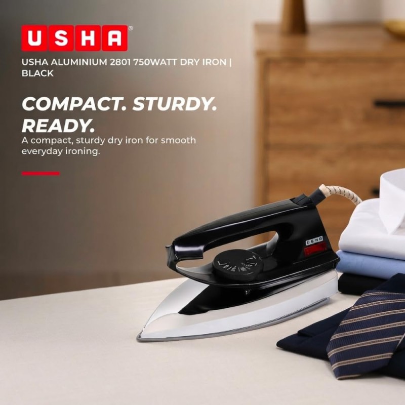 USHA Aluminium Usha 2801 750Watt Dry Iron Metal Body | Linished Soleplate | Thermal Safety Fuse | 180° Swivel Cord (Black)