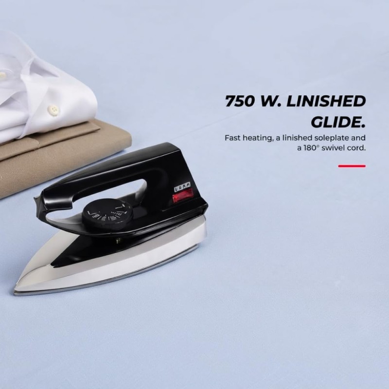 USHA Aluminium Usha 2801 750Watt Dry Iron Metal Body | Linished Soleplate | Thermal Safety Fuse | 180° Swivel Cord (Black)