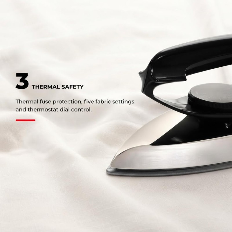 USHA Aluminium Usha 2801 750Watt Dry Iron Metal Body | Linished Soleplate | Thermal Safety Fuse | 180° Swivel Cord (Black)