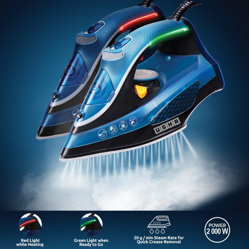 USHA Aqua Glow 2000 watts Steam Iron with Innovative Led Indicator | Ceramic Soleplate |Powerful Steam Output upto 20gm/min (Blue)