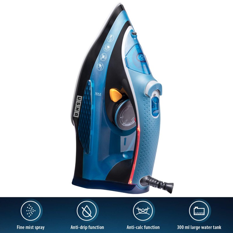 USHA Aqua Glow 2000 watts Steam Iron with Innovative Led Indicator | Ceramic Soleplate |Powerful Steam Output upto 20gm/min (Blue)