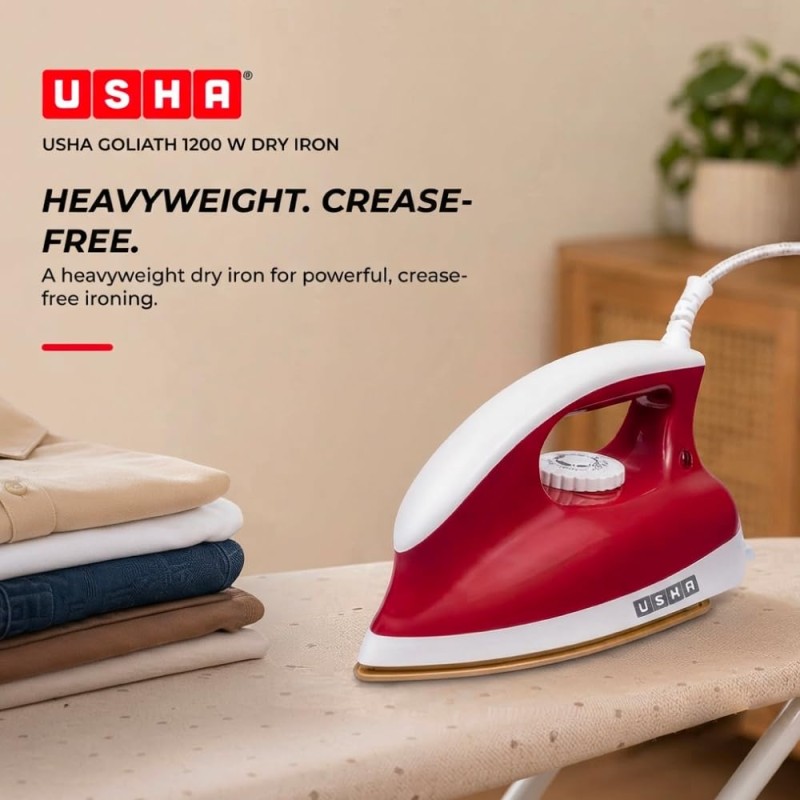 USHA Goliath 1200Watt Dry Iron with 1.8m Long Swivel Cord | Double Coat Golden Non Stick Soleplate for Longer Durability