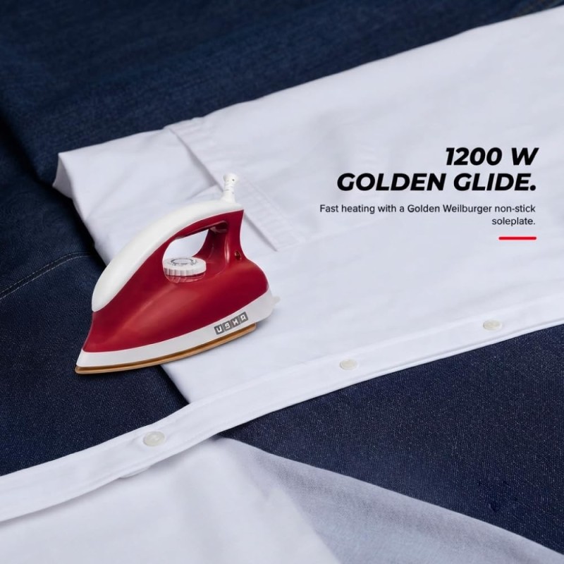 USHA Goliath 1200Watt Dry Iron with 1.8m Long Swivel Cord | Double Coat Golden Non Stick Soleplate for Longer Durability