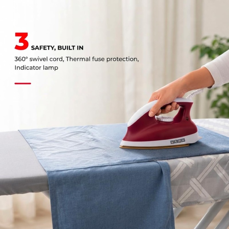 USHA Goliath 1200Watt Dry Iron with 1.8m Long Swivel Cord | Double Coat Golden Non Stick Soleplate for Longer Durability